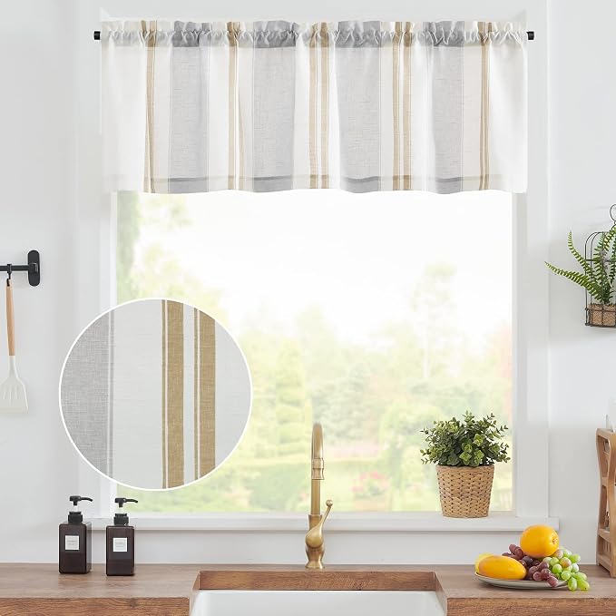 jinchan Striped Valance Farmhouse Window Treatment Linen Textured Drapes - Image 9