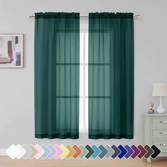 Simplebrand Hunter Green Sheer Curtains 63 Inch Length 2 Panels, Rod Pocket by Simplebrand