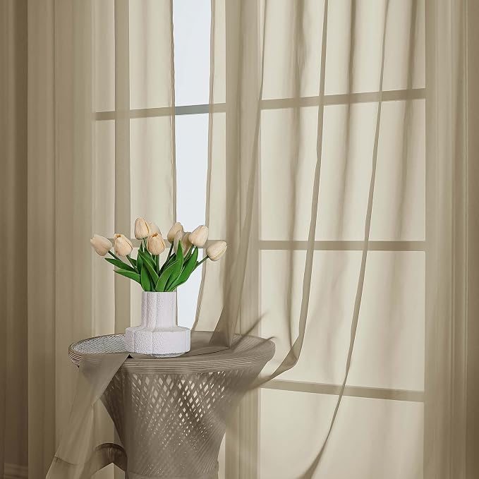 OWENIE Taupe Sheer Curtain 90 Inches Long 2 Panels Set, Solid Filmy Drapes - Image 6