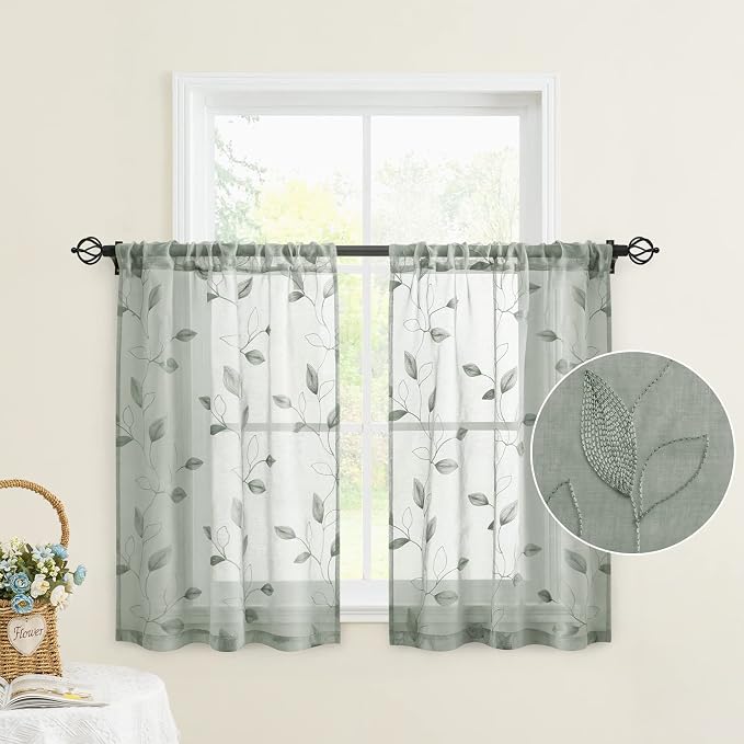 HOMEIDEAS Sage Green Sheer Kitchen Curtains 30 X 36 Inch Length 2 Panels - Image 2