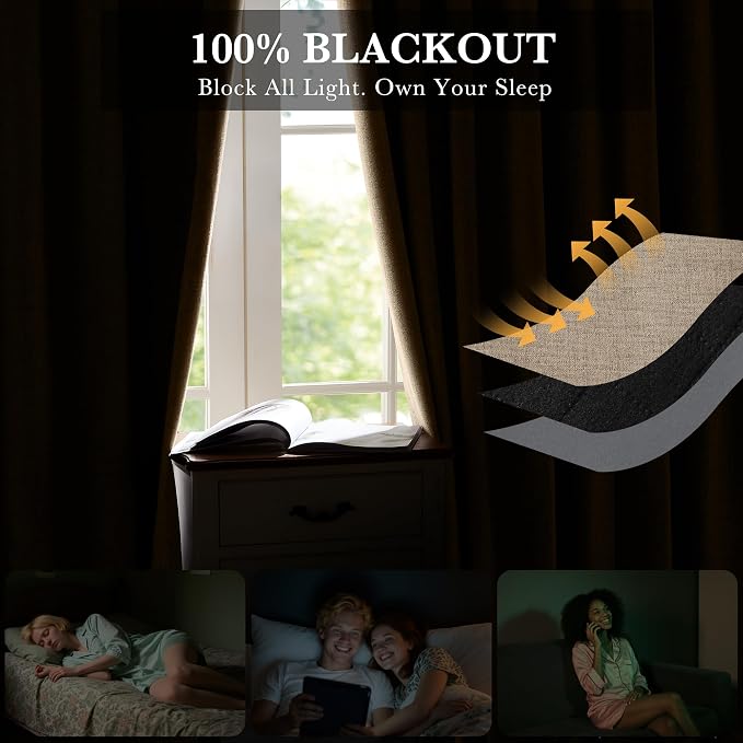 RYB HOME Burlap 100% Blackout Curtains 63 inch Long, Light Blacking & Thermal - Image 3