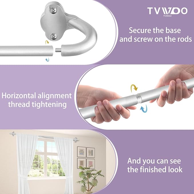 TVWOO Silver Wrap Around Curtain Rods:5/8 In Blackout Adjustable Window Curtain - Image 9
