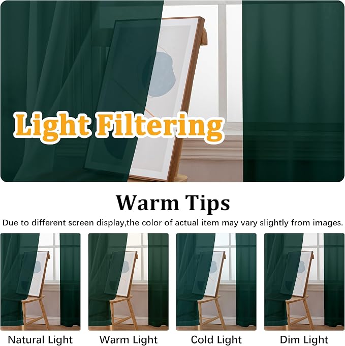 Gwine Hunter Green Sheer Curtains 96 Inches Long 2 Panels, Elegant Window - Image 5