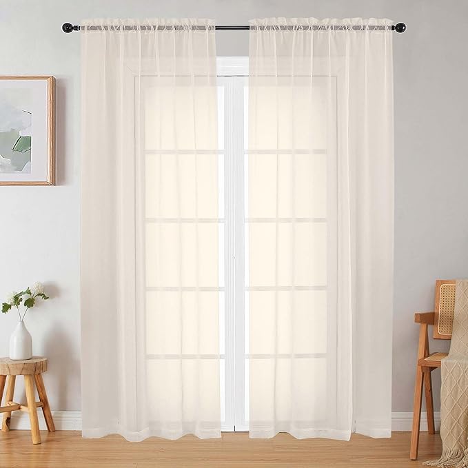 Cream Sheer Curtains 84 Inches Long 2 Panels Set by WelvetBLK