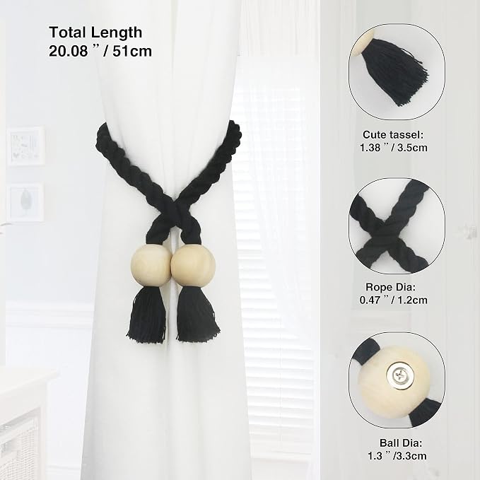 2 Pack Magnetic Curtain Tiebacks Cotton Hand Woven Tie Back Decorative Rope - Image 3