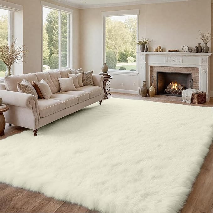 8x10 Area Rugs for Living Room Rug: Soft Fluffy Shag Cream White Rugs for - Image 4