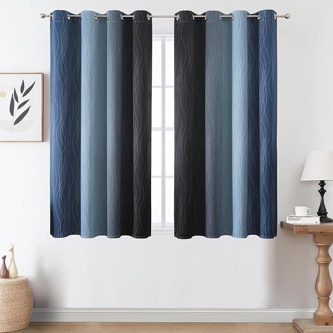 Estelar Textiler Black and Navy Blue Ombre Blackout Curtains 45 Inch Length - Image 2