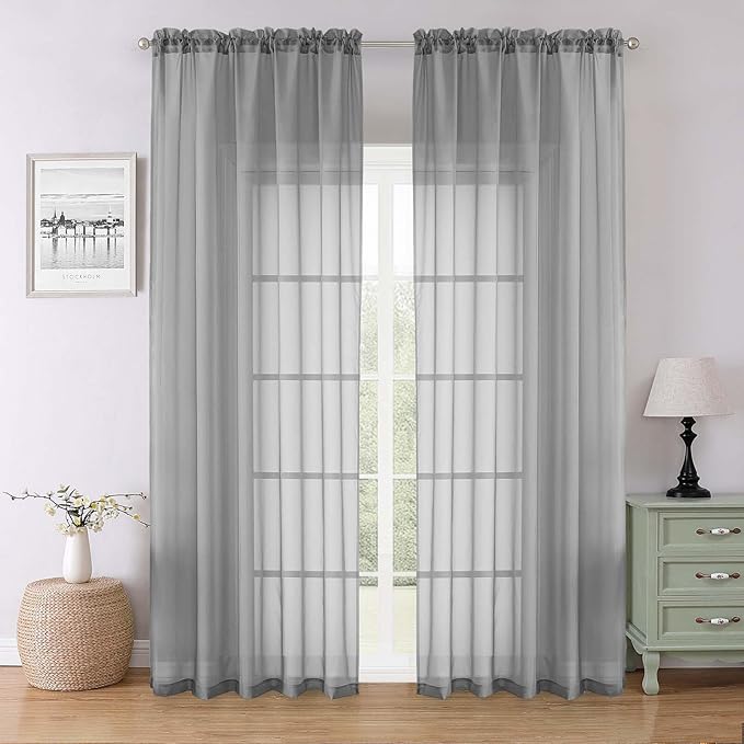 Lecloud Charcoal Grey Sheer Curtains 90 Inches Long 2 Panels Set, Dual Rod by Lecloud