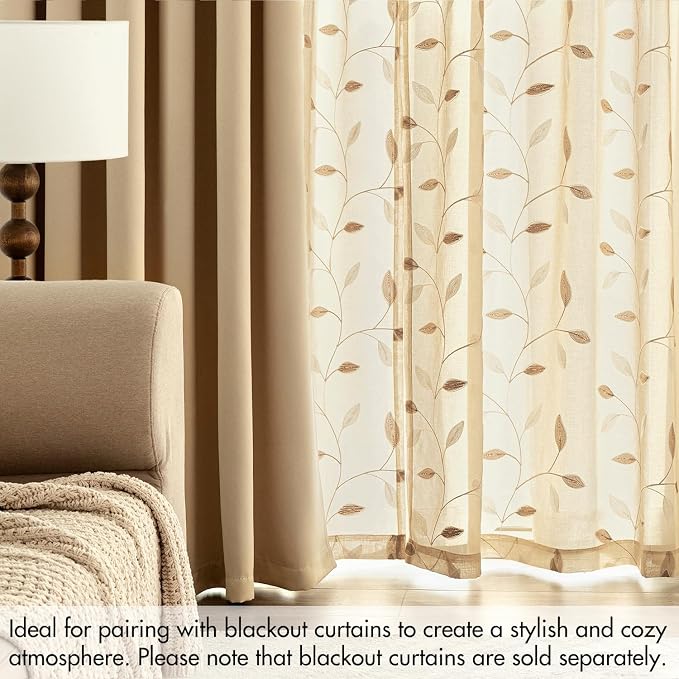 MIULEE Khaki Sheer Curtains 2 Panels Embroidered Leaf Patterned Rod Pocket - Image 7