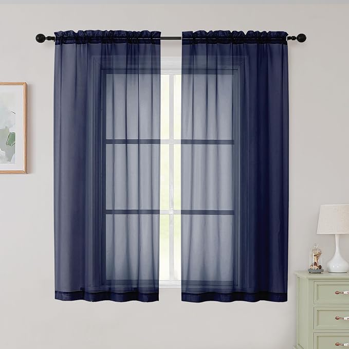 Sheer Navy Blue Curtains for Bedroom Living Room 54 Inch Length 2 Panels Set by WelvetBLK