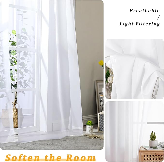 Gwine White Sheer Curtains 72 Inches Long 2 Panels Set - Image 3