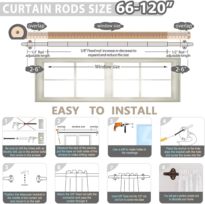 TVWOO Bronze Wrap Around Curtain Rods:5/8Inch Blackout Adjustable Window - Image 4