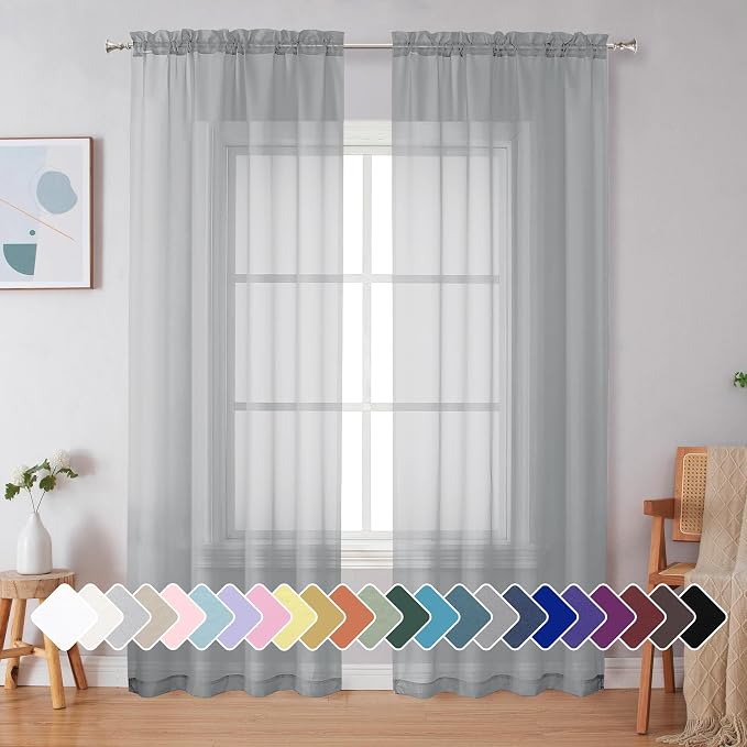 Simplebrand Light Grey Sheer Curtains 90 Inches Long 2 Panels, Light Filtering by Simplebrand