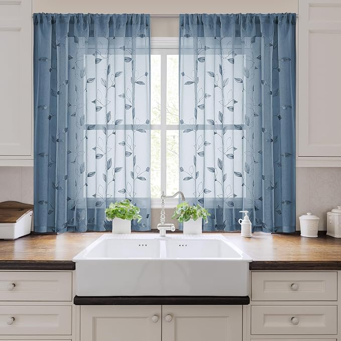 HOMEIDEAS Stone Blue Sheer Kitchen Curtains 52 x 45 Inch Length 2 Panels - Image 6
