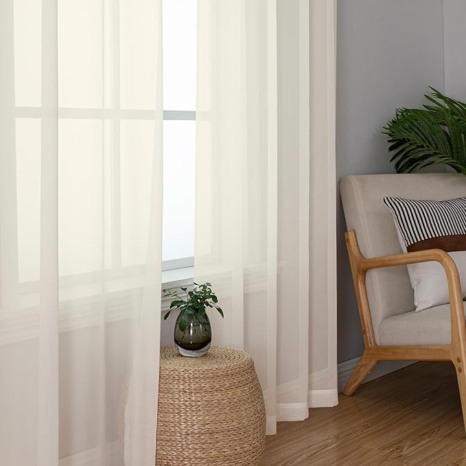 Simplebrand Cream Sheer Curtains 96 Inches Long 2 Panels, Light Filtering Rod - Image 5