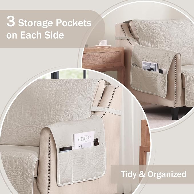Beige Recliner Chair Covers, Quilted Décor Water-Repellent Medium Lazy Boy - Image 4