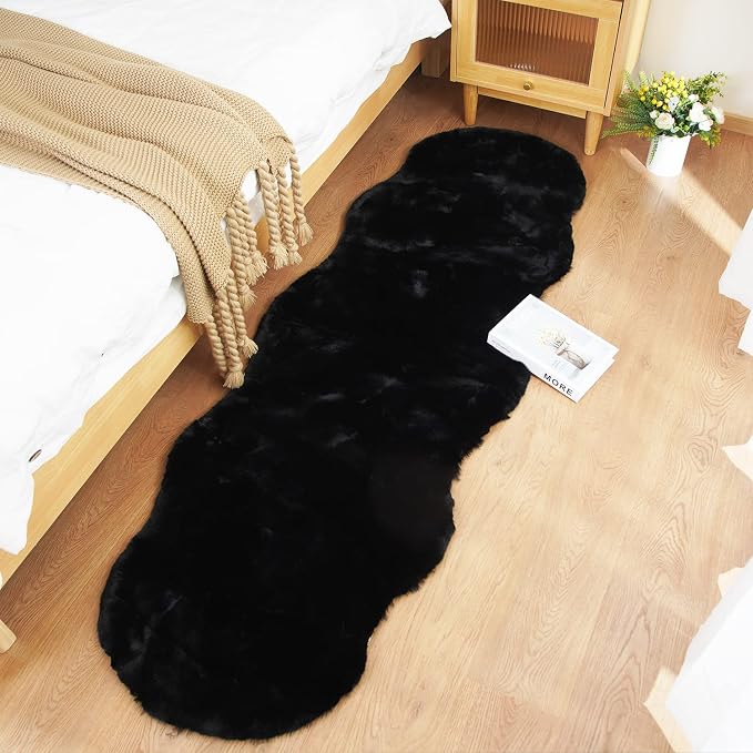 Ghouse Soft Faux Sheepskin Fur Rug Runner Rug 2x6 Black Fluffy Bedside Plush by Ghouse