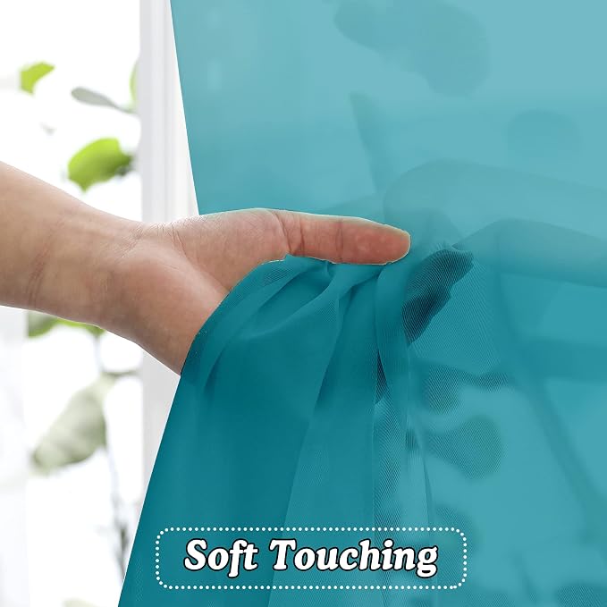 OVZME Turquoise Sheer Curtains 45 Inches Long 2 Panels, Light Filtering Sheer - Image 2