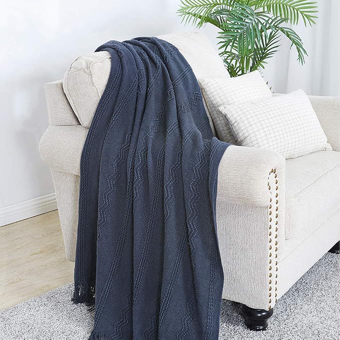 BOURINA Navy Throw Blanket 60x80 Inches Throw Textured Solid Soft Sofa Throw - Image 2