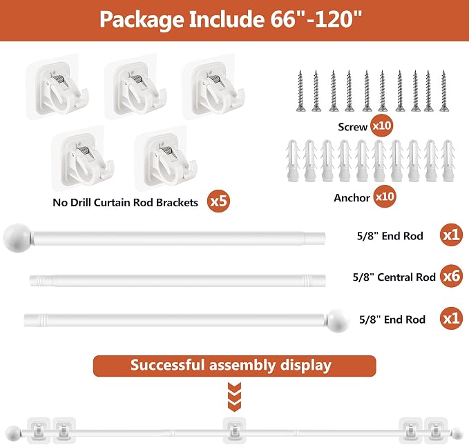 Curtain Rods No Drilling for Windows Set 66 to 120-128 Inch, 5/8 Inch Diameter - Image 5
