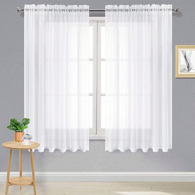 DWCN Sheer White Curtains 63 inch Length 2 Panels Set, Rod Pocket Solid Color by DWCN