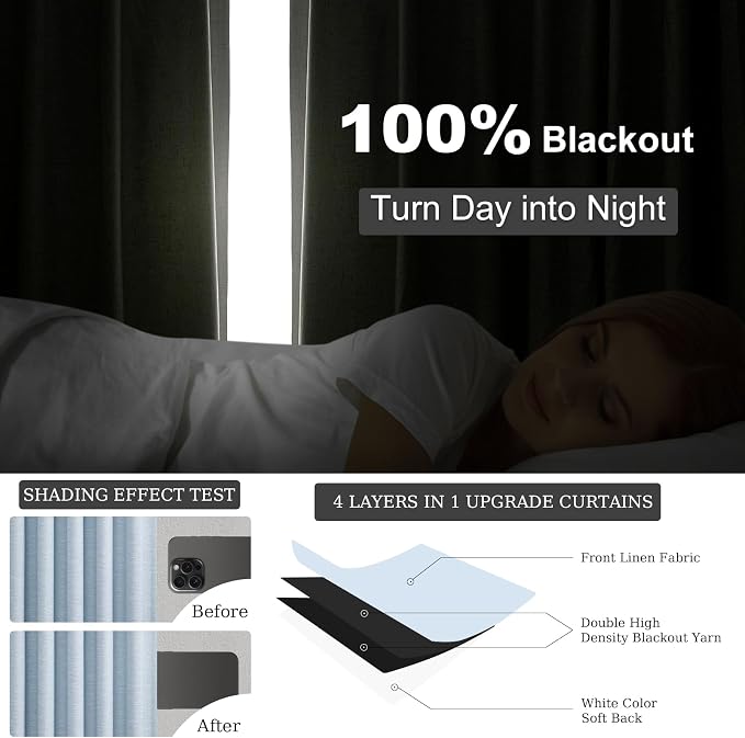 Topfinel Light Blue 120 Inch Blackout Linen Curtains 2 Panel Set - Image 4