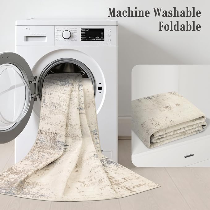 9x12 Area Rug Living Room: Modern Washable Soft Carpet Beige Brown | - Image 7