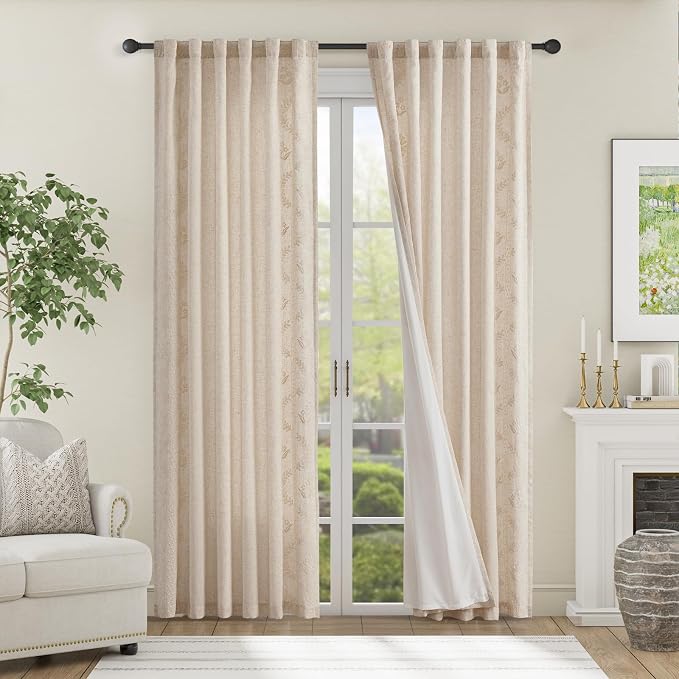 jinchan Belrose Lined Linen Blend Curtains Boho Floral Curtains - Image 3