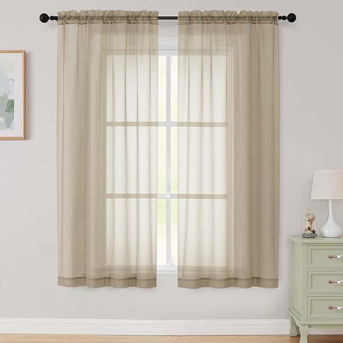 Sheer Taupe Curtains for Bedroom Living Room 63 Inch Length 2 Panels, Airy Soft by WelvetBLK