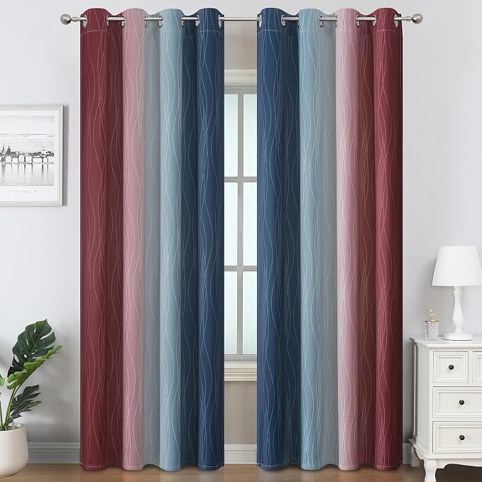 Estelar Textiler Navy Blue and Burgundy Red Ombre Blackout Curtains & Drapes - Image 2