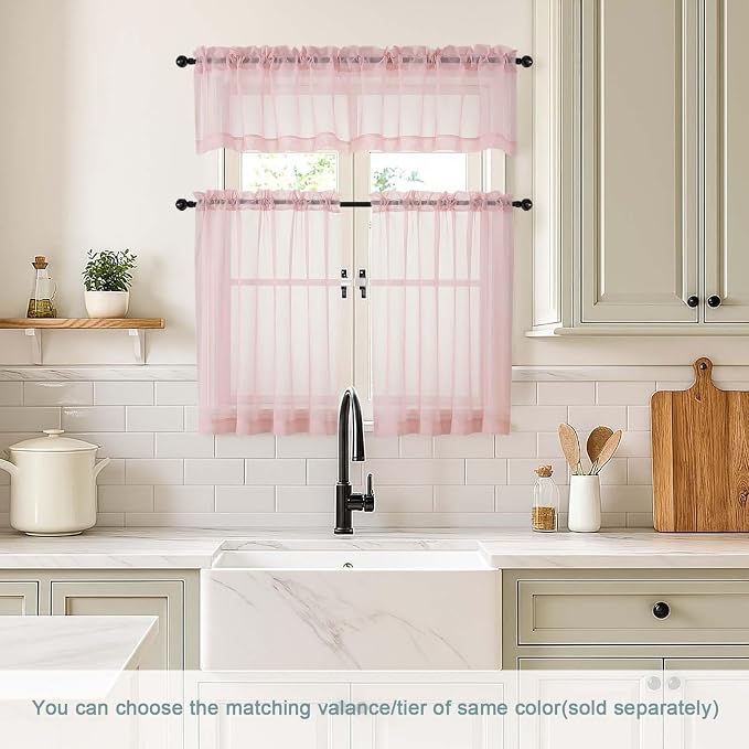 Blush Pink Valances for Windows 14 inch Length 2 Panels, Small Voile Sheer - Image 2