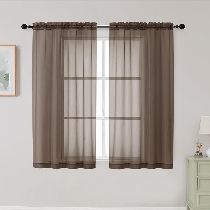 Chocolate Sheer Curtains for Bedroom Living Room 45 Inch Length 2 Panels by WelvetBLK