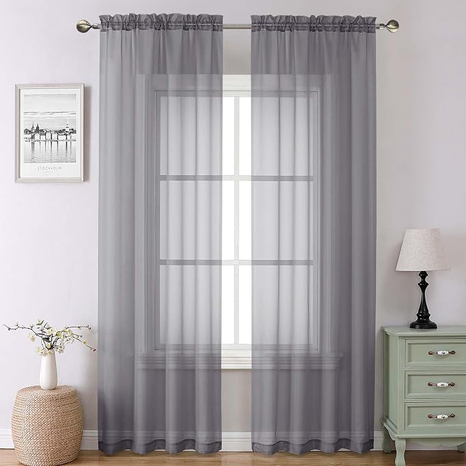 Lecloud Charcoal Grey Sheer Curtains 90 Inches Long 2 Panels, Light Filtering by Lecloud