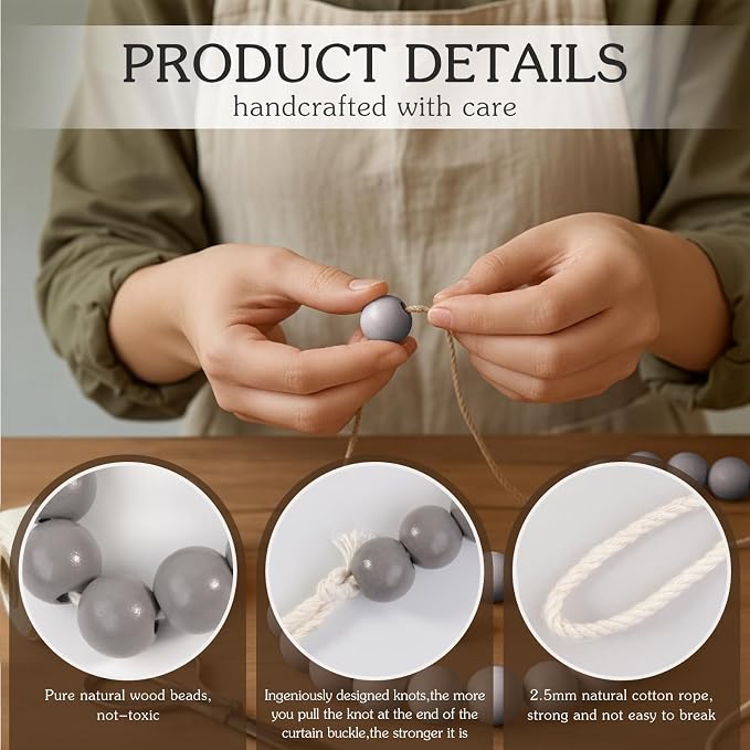 Hion 2 Pcs Boho Curtain Tiebacks, Wood Beads Curtain Holdbacks, Outdoor - Image 3