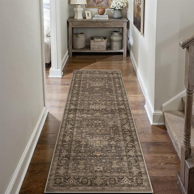 2x6 Washable Runner Rug for Hallway Kitchen Vintage Brown Non Slip Low Pile - Image 3
