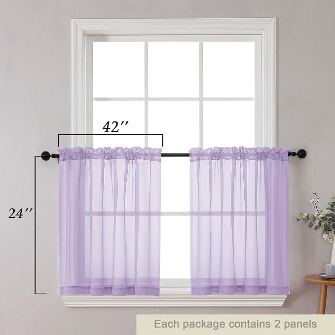 Kitchen Curtains 24 Inch Length Tier 2 Pieces, Lavender Sheer Curtain Solid - Image 2