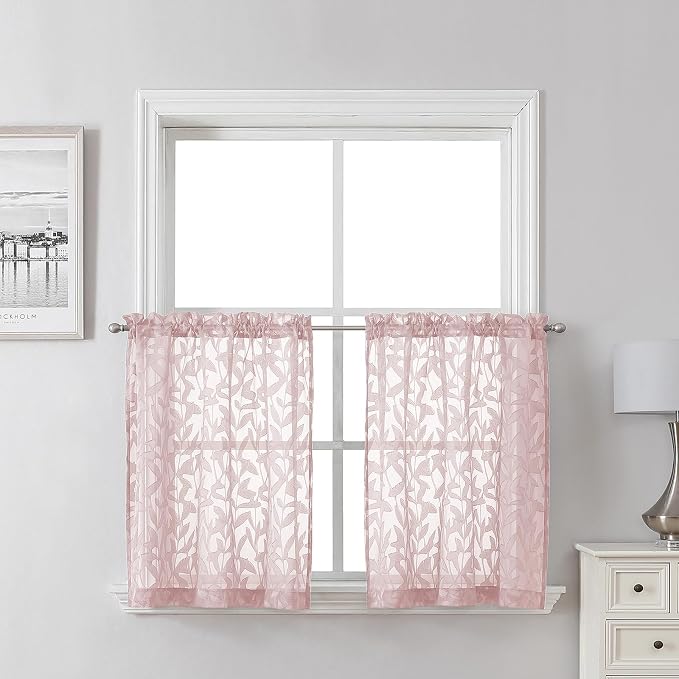 Lecloud Leia Blush Pink Kitchen Sheer Curtains 24 Inch 2 Pcs, Jacquard Leaf by Lecloud
