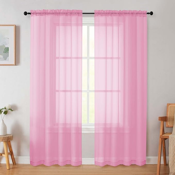 Pink Sheer Curtain for Bedroom Living Room 72 Inches Long 2 Panels Set by WelvetBLK