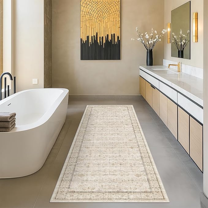 Beige Boho Bathroom Rug 2x7 by HazoHaus