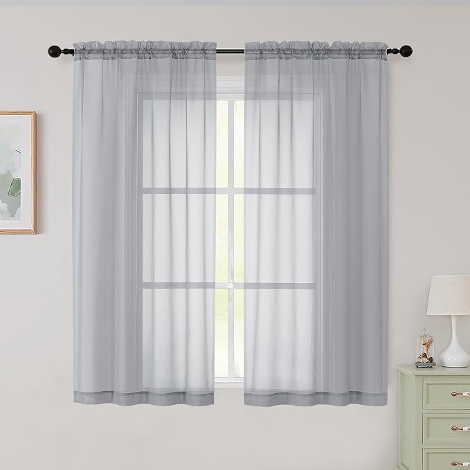 Sheer Light Grey Curtains for Bedroom Living Room 54 Inch Length 2 Panels Set by WelvetBLK