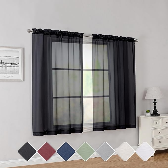Simplebrand Black Short Sheer Curtains 45 Inch Length by Simplebrand