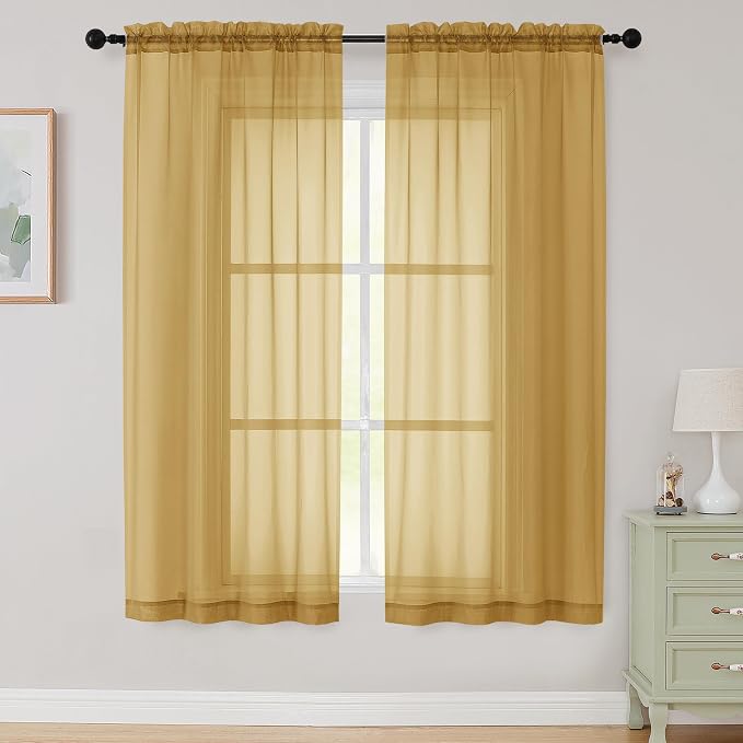 Sheer Gold Curtains for Bedroom Living Room 63 Inch Length 2 Panels, Airy Soft by WelvetBLK