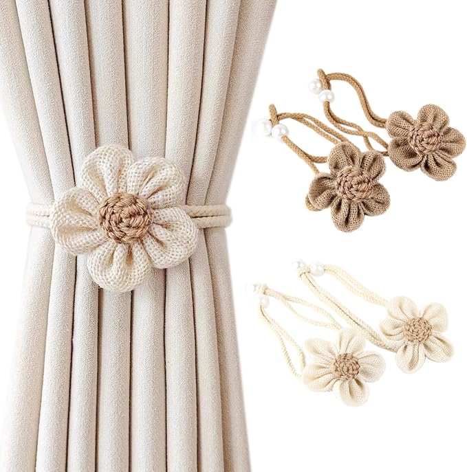 SRG 4pcs Handmade Pearl Curtain Tiebacks Boho Flower Curtain Holdbacks by SRG