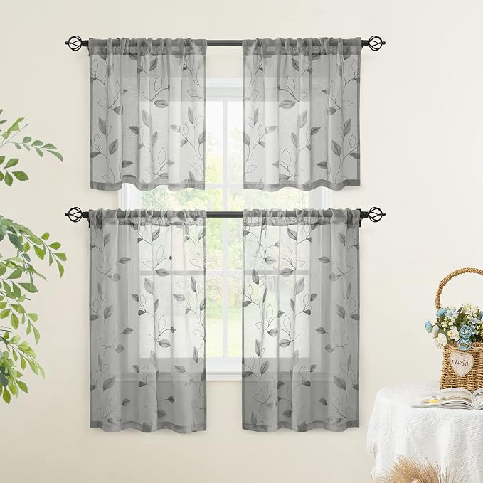 HOMEIDEAS Grey Sheer Kitchen Curtains 30 X 24 Inch Length 2 Panels Embroidered - Image 5
