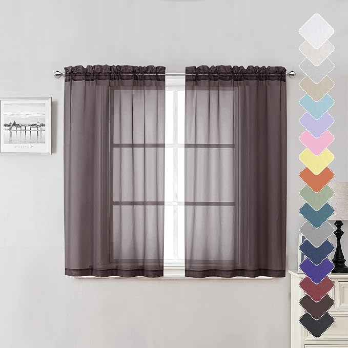 Lecloud Sheer Curtains 45 Inch Length 2 Panels Set, Chocolate Solid Voile Rod by Lecloud