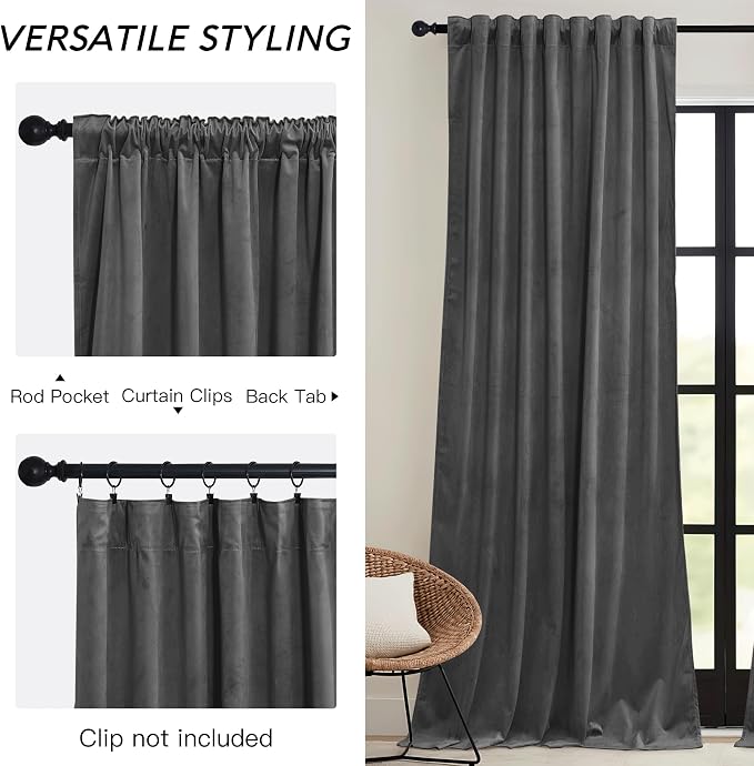 RYB HOME Grey Velvet Curtains 84 inches - Image 2