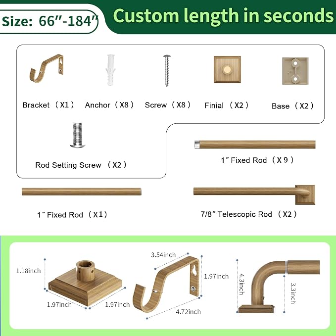 Boho Wood Grain Curtain Rods for Windows 66-184 Inch Heavy Duty Wrap Around - Image 8
