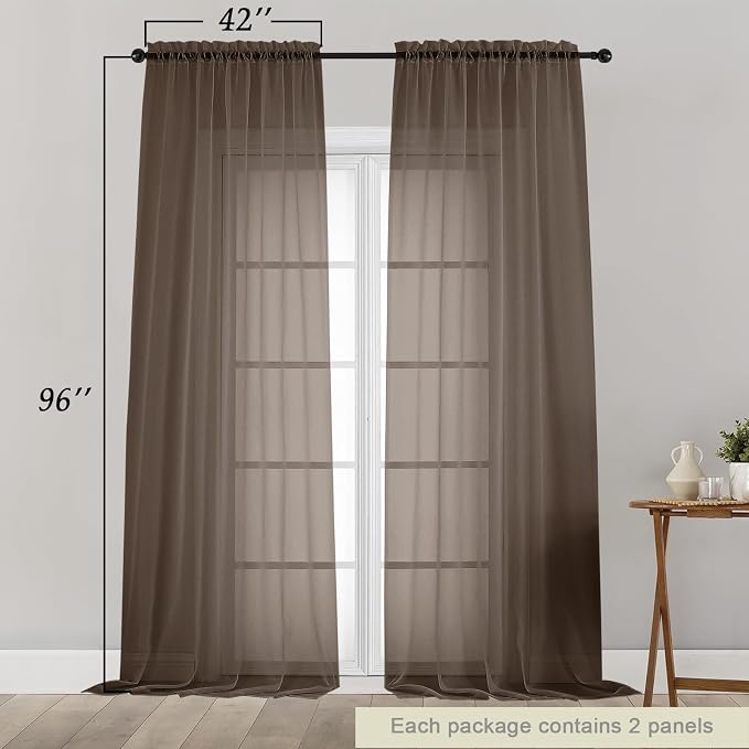 Chocolate Sheer Curtains for Bedroom Living Room 96 Inches Long 2 Panels - Image 2