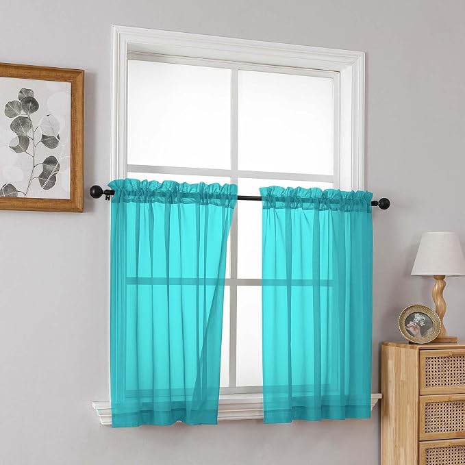 Turquoise Small Sheer Curtains 2 Panels Set, Kitchen Curtains 36 Inch Length - Image 8
