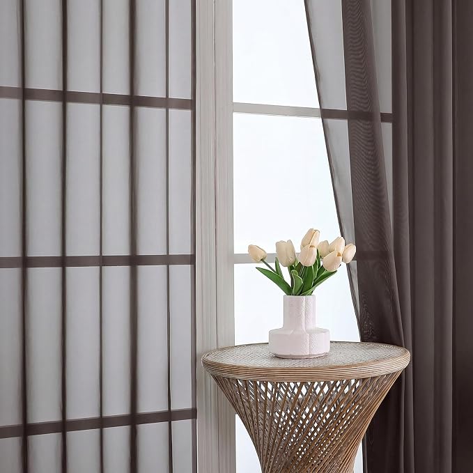 Chocolate Sheer Curtains 63 Inches Long 2 Panels Set, Light Filtering Sheer - Image 3